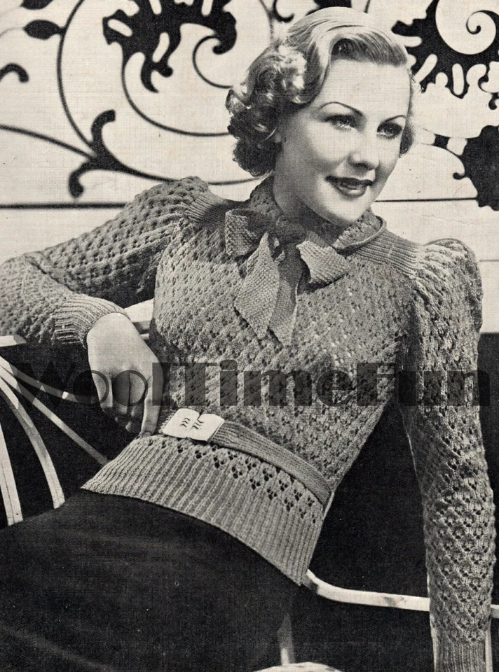 Knitting Pattern To Make Vintage 1930s 1940s Womens Sweater. Belt Collar & Bow. - Image 1 of 1