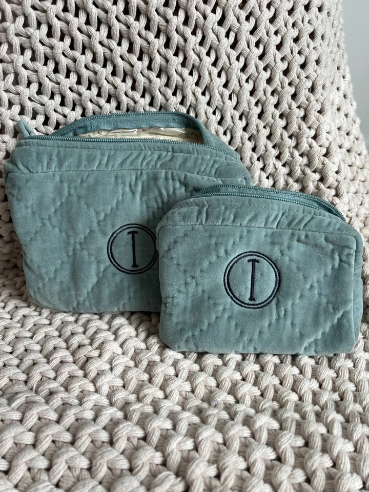 Pottery Barn косметический макияж сумка синий выстеганный бархат шелк монограмма "I" комплект - Изображение 1 из 1