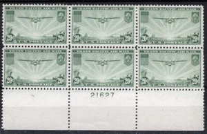 US Sc C21 Green 20¢ Airmail LH Original Gum Plate No. 21627 Block of 6 XF Center - Picture 1 of 1