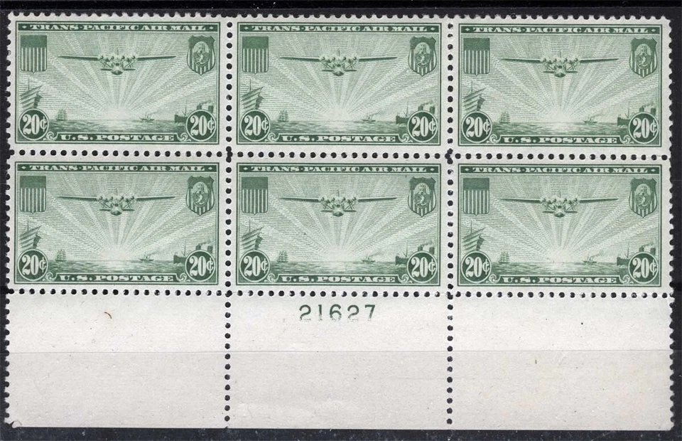 US Sc C21 Green 20¢ Airmail LH Original Gum Plate No. 21627 Block of 6 XF Center - Image 1 of 1