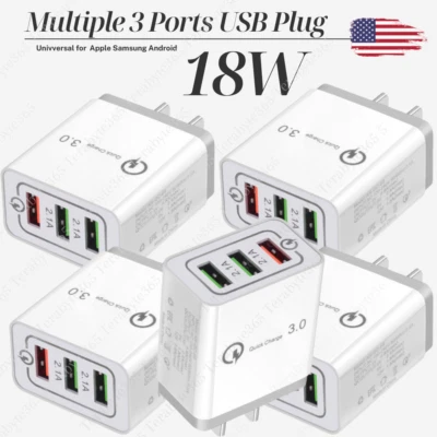 Lote de caixa múltipla 3 portas USB AC plugue carregador rápido bloco cubo telefone universal 18W - Imagem 1 de 4