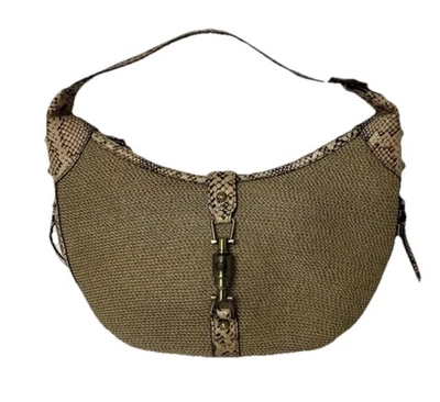 Eric Javits Straw Brown Croc ? Snake Leather Purse Piston Shoulder Bag Y2K - Image 1 of 4