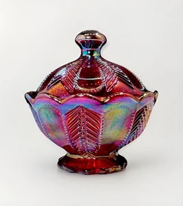 Rare Imperial Carnival Glass Sunset Ruby Covered Trinket or Candy Dish Feathers - Picture 1 of 6