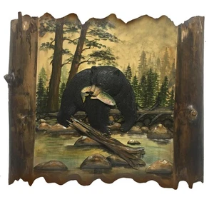 Bear Fishing Hand Crafted Intarsia Wood Art Wall Hanging 29 X 33 X 3 Inches - Picture 1 of 1