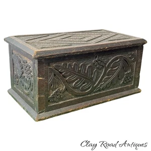 antique pilgrim style oak bible box carved 19th dovetailed carved primitive - Picture 1 of 24