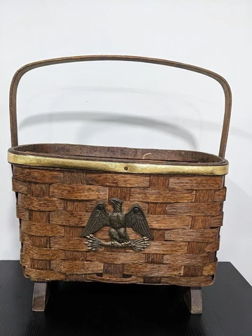 Vintage Americana Wicker BASKET Picnic Sewing Knitting Metal Eagle Brown Cover