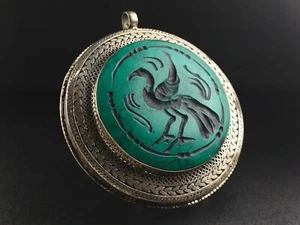 Enorme Colgante Antiguo Cercano Oriente Turquesa Piedra Pájaro Intaglio Filigrana Plata - Imagen 1 de 17
