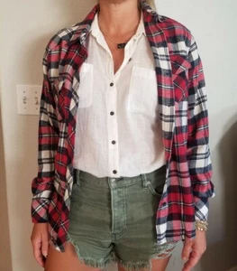 Ci Sono Plaid Collection Red Blue Flannel Medium Women's Button Up Cute Comfy - Picture 1 of 6