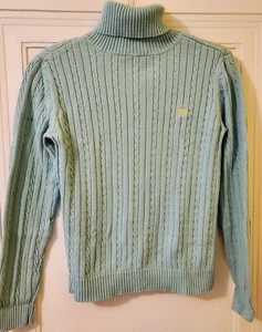 Vintage Izod Girls Medium Cotton Sweater Mint Green Cable Ribbed Knit Yello Logo - Picture 1 of 5