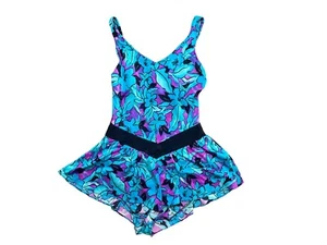 Vintage 80s Blue And Purple Floral Romper Swimsuit. Size 12 - Picture 1 of 4