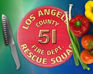 Squad 51 Firefighter Round Glass cutting board or trivet.  EMERGENCY  FIRE FIGHT - Picture 1 of 1