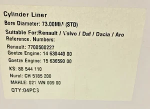 4PCS X AE Cyl. LINER /SLEEVE CH5085200 STD 73.00MM FITS RENAULT VOLVO" 021WN0900 - Picture 1 of 4