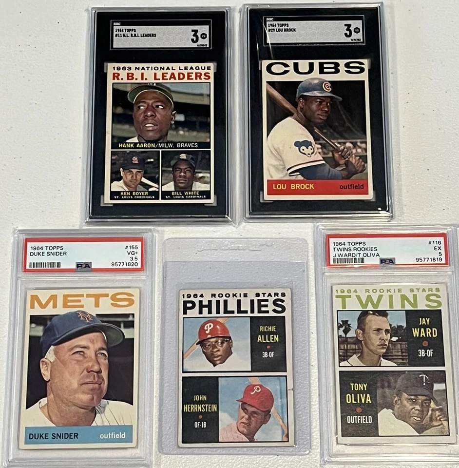 1964 Topps lot R Allen #243 RC, SGC 3 Lou Brock & RBI Ldr PSA 5 Oliva 3.5 Snider - Image 1 of 4