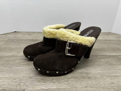 Michael Kors Mule Shoe Brown Leather Platform Heel Faux Fur Trim Stud Women 7 - Image 1 of 4