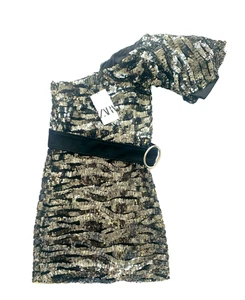 Zara Dress Size M Mini Sequinned Stretch Summer BNWT Lining Black/Silver RRP 79 - Picture 1 of 12