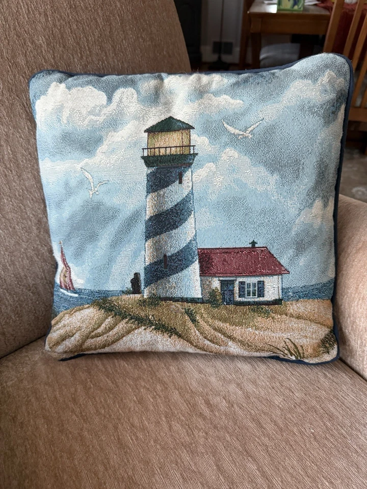 "Tapiz de velero faro almohada gaviotas cuadrado náutico 16""" Foto 1 de 3