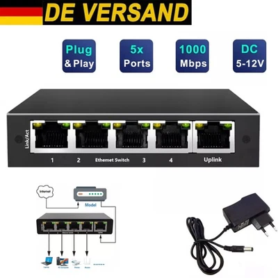 Switch di rete desktop 5 porte Gigabit RJ45 LAN distributore Ethernet 1000 Mbps - Immagine 1 di 4