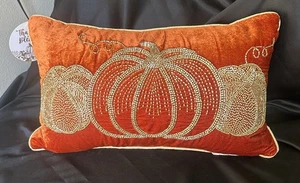 Sesonal Pumpkin Decorative Pillow / Velvet / Beaded Gold/ Orange - Picture 1 of 4