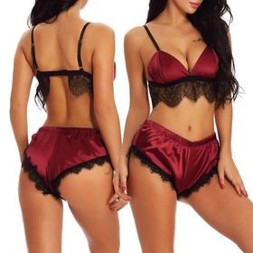 Women's Lingerie Bra and Shorts Set Thin Shoulder Lace Pajamas Set Underwear US