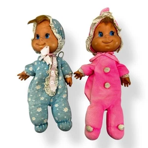Set Of 2 Vintage 1970 Mattel Baby Beans Doll blue Pink flowers Pull String - Picture 1 of 12