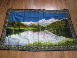 Vintage Wall Hanging Tapestry Mountain Lake & Forest Nature Scene 56" x 39" - Picture 1 of 5