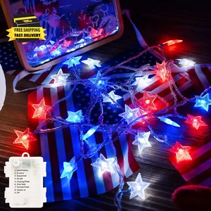 4Th of July Decor Lights, Red White Blue Battery Operated 50LED Patriotic Star S - Picture 1 of 8