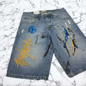 Pantaloncini uomo Miskeen blu medio denim dipinti a mano nuovi con etichetta - Foto 1 di 3
