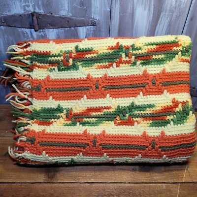 Ganchillo a Mano Afgano Amarillo Naranja Verde Estilo Navaho Diseño Flecos 42" x 65" Foto 1 de 4