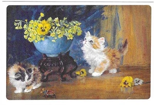 Vintage Cats Kittens Postcard RETRO Textured NEW REPRINT Antique Bowl Pansies - Picture 1 of 2