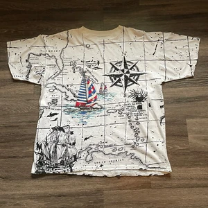 Vintage 90s Island Ocean Map Single Stitch All Over Print T-Shirt XL AOP - Picture 1 of 6