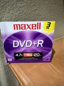 Maxell 3 Pack -DVD+R -4X 4.7GB Write Once Single Sided Discs Video Recording New - Afbeelding 1 van 5