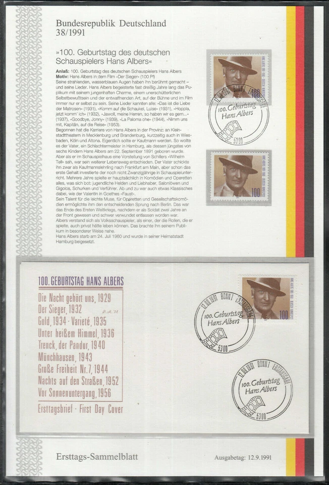 Germany 1991: First day collection sheet BRD ETSB  100th birthday of HANS ALBERS - Image 1 of 1