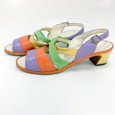 复古 60 年代 Naturalizer Funsters 皮革拼色露趾凉鞋 鞋跟 7.5 N — 第 1/4 张图片