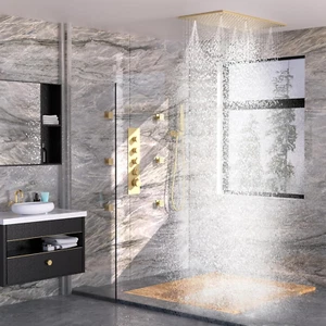 Brushed Gold Ceiling Shower System w/15.7x31.5" Rain Head, 6-Jets&Handheld Spray - Picture 1 of 10