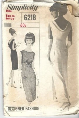 Simplicity Pattern 6218, Vintage 1965 Dress with Back Cowl, Size 14, bust 34 - Image 1 of 3