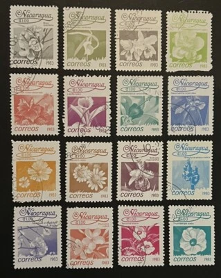 Sellos de viaje: estampillas de Nicaragua de 1983 Scott #1209-1224 “Flores” usadas CTO OG NH Foto 1 de 4