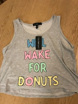 Derek Heart PJ's Top Mujer Mediano "Will Wake for Donuts" ¡Nuevo! pijama Foto 1 de 4
