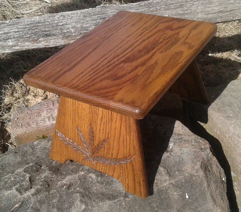 Vintage Oak Foot Stool w Spoon Carved Wheat Designs Cover