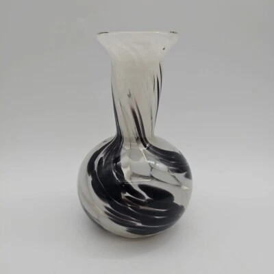 Heavy Glass Vase Black And White Decorative Blown Swirrel  - Image 1 of 4