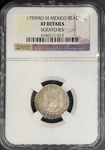 1759-Mo M Spanish Colonial 1 Real Mexico Pillar NGC XF *U.S. Legal Tender* - Picture 1 of 4