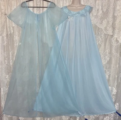 VTG 3X Tall JENELLE Sheer Robins Egg Blue Chiffon Peignoir Robe Nightgown Set - Image 1 of 4