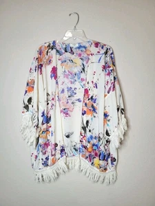 UMGEE Floral Kimono Short Sleeve Fringe Duster Open Front Oversized Boho Sz M  - Picture 1 of 9