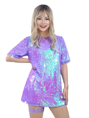 Sequin T-Shirt Dress Sparkly Casual Short Sleeve Party Club Outfit Costume-Sm... - Image 1 of 4