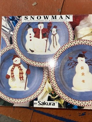 1997 Sakura Debbie Mumm Set 4 Snowman 8" Salad Dessert Plates Christmas Orig Box - Image 1 of 4