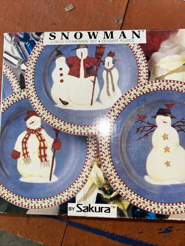1997 Sakura Debbie Mumm Set 4 Snowman 8" Salad Dessert Plates Christmas Orig Box - Image 1 of 4