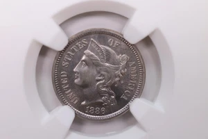 1886 Drei Cent Stück, seltenes Datum, grünes CAC, NGC PF-66., SALE #88210 - Bild 1 von 3