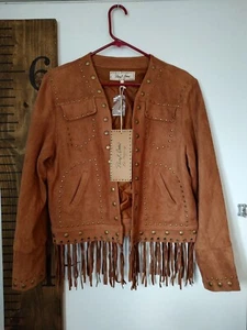 Sheryl Crow Wildlederimitat Jacke Nieten mit Fransen Braun Neu Medium Leicht - Bild 1 von 10