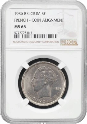 Bélgica 5 francos 1936 francés, NGC MS65, "Rey Leopoldo III (1934 - 1947)" Pop 1/1 Foto 1 de 2
