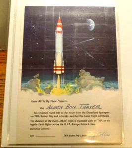 Original Disneyland 1955 TWA Rocket To The Moon Lunar Flight Certificate - Picture 1 of 3