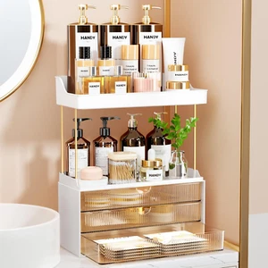 3 Drawer 5 Tier Bathroom Counter Organizer, Vanity & Skincare Storage, Amber - Picture 1 of 12